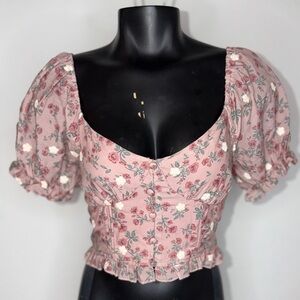 Altar’d State Floral Mauve Puff Sleeve Smocked Crop Top/Shirt S Small